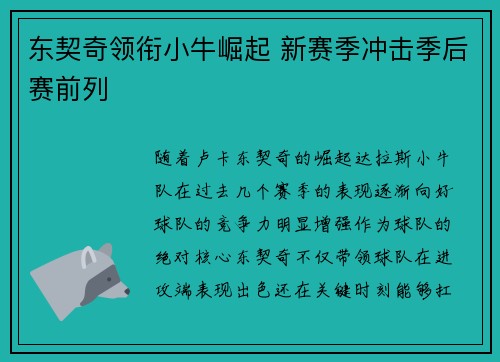 东契奇领衔小牛崛起 新赛季冲击季后赛前列