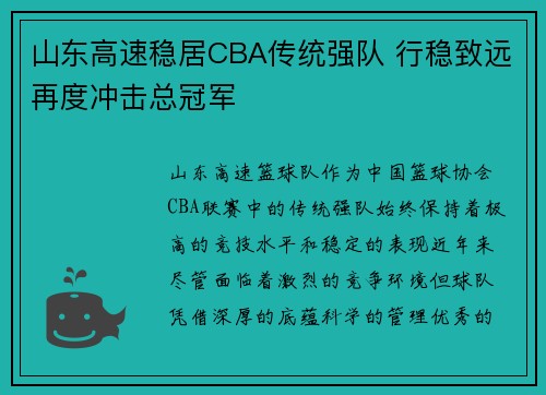 山东高速稳居CBA传统强队 行稳致远再度冲击总冠军